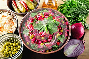 Beetroot salad vinaigrette in a clay bowl