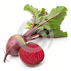 Beetroot with sliced half and leaves