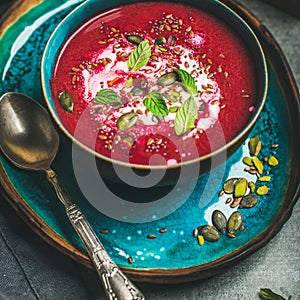 Beetroot soup with mint, chia, flax, pumpkin seeds, square crop