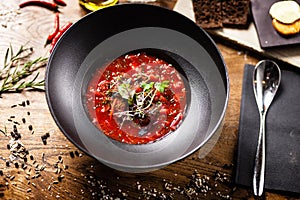 Beetroot soup served in a bowl in restaurant