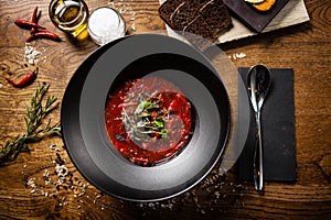 Beetroot soup served in a bowl in restaurant