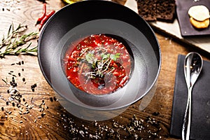 Beetroot soup served in a bowl in restaurant