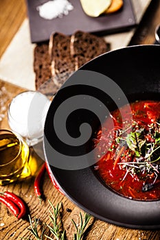 Beetroot soup served in a bowl in restaurant