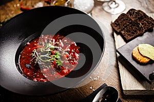 Beetroot soup served in a bowl in restaurant