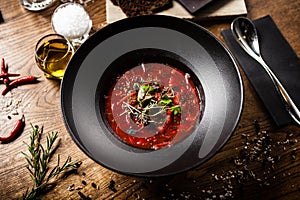 Beetroot soup served in a bowl in restaurant