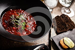 Beetroot soup served in a bowl in restaurant