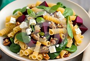 Beetroot, Spinach, and Feta Pasta Delight with a Crunch of Walnuts