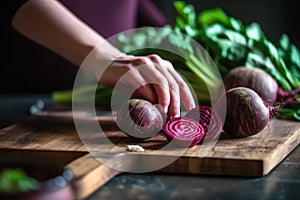 Beetroots on a cutting board. Generative AI