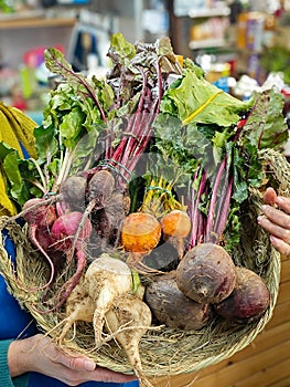 Beets of different colors in a market basket