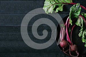 Beets with green tops in round metal pan on dark black wooden background, fresh red beetroot on backdrop kitchen table top view