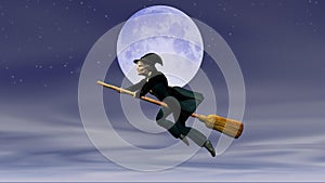 Befana on flying broom on the background of the full moon