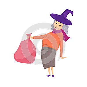 Befana holds a bag of gifts in her hand. Vector illustration in cartoon style