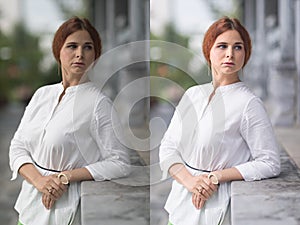 Befor and after retouching collage photo