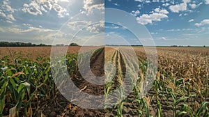 A beforeandafter image of a corn field. The first photo shows a healthy crop while the second shows the same field