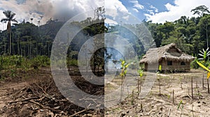 A beforeandafter photo showcasing a remote village that has transitioned from using traditional firewood for cooking to