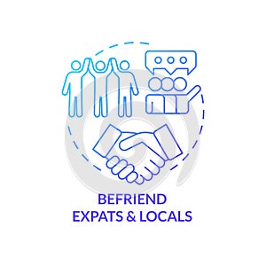 Befriend expats and locals blue gradient concept icon photo