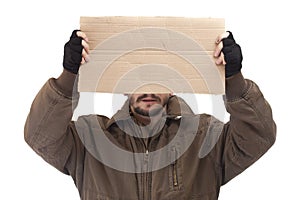Beggar holding carton