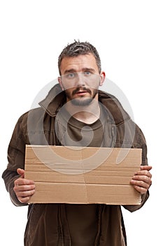 Beggar holding carton