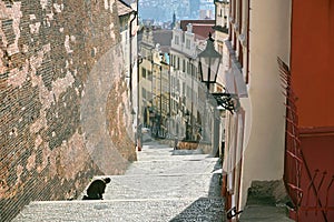 Beggar kneeling on the stairs leading to the Prague Castle in the Czech Republic