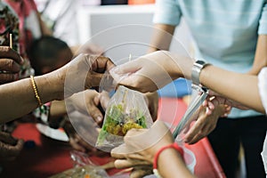 The beggar is waiting for food from charity aid : the concept of begging and hunger : Hunger problems of the poor have been