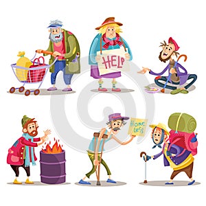 Beggars, homeless, tramps, hobo, funny cartoon set