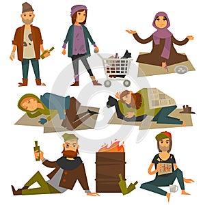 Beggars and or vagrant homeless people vector flat isolated icons