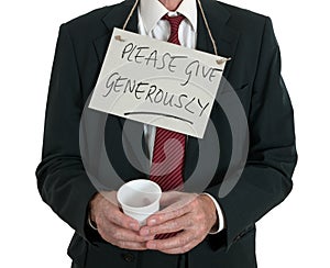 Begging business man, unemployed over white