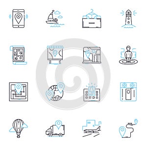 Begin and commence linear icons set. Initiate, Launch, Embark, Start, Set out, Kick off, Trigger line vector and concept photo