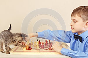 Beginner grandmaster with cute kitten plays chess. photo