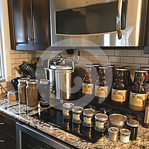 Beginner homebrewing setup, kitchen counter, small fermenter, brewing stove, hops and malt extract, excited homebrewer photo