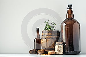 Beginner homebrewing setup with a primary fermenter, brewing kettle, and ingredients, all placed on a clean white surface with photo