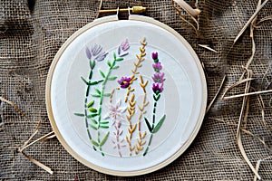 beginners embroidery hoop with simple stitches on canvas