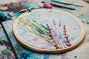 beginners embroidery hoop with simple stitches on canvas