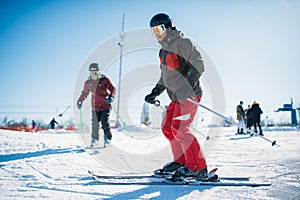 Beginners learn to ski, winter active sport