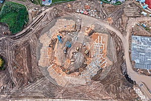 Beginning of the construction of the house. aerial top view