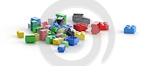 Plastic Brick Blocks Heap isolated on white background. photo