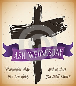 Beginning of Lent with Ash Wednesday Cross with Ribbon, Vector Illustration