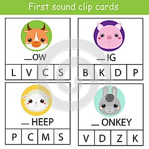 Beginning sound clip cards for kids. Find First sound for animals. Educational activity for children