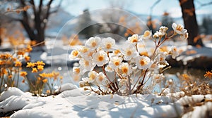 The beginning of Spring. New born Tulips in the nature, melting snow around spring flowers, blooming season, sun, spring colors.