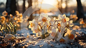 The beginning of Spring. New born Tulips in the nature, melting snow around spring flowers, blooming season, sun, spring colors.