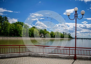 At the beginning of summer in a beautiful park. Water, blue sky, green forest and a lantern