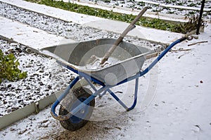 Beginning of winter. The first snow fell on the garden beds. Garden equipment is unclaimed and is being removed for the winter