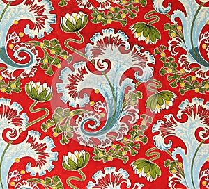 Original textile fabric ornament of the Russian Modern style. Crock is hand-painted with gouache.