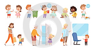 Behaving kids. Childrens with good manners helping to adult and otherness helpful respect vector characters photo