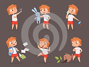 Behavior kids. Bad angry boys teasing children vector cartoon set