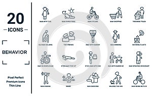 behavior linear icon set. includes thin line man with tool, old man walking, man on wheelchair, digging, riding bicylce, with