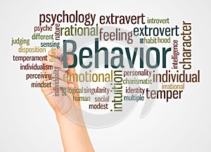 Behavior word cloud and hand with marker concept
