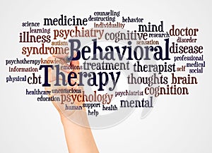 Behavioral Therapy word cloud and hand with marker concept