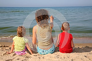 Behind mother with children on beach