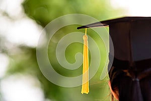 Behind photo of university graduate wears gown and black cap, ye